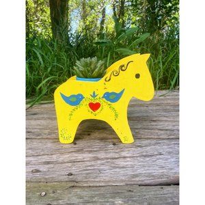 Vintage Dala Wood Wooden Horse Planter Stand Hand Painted Folk art  Yellow